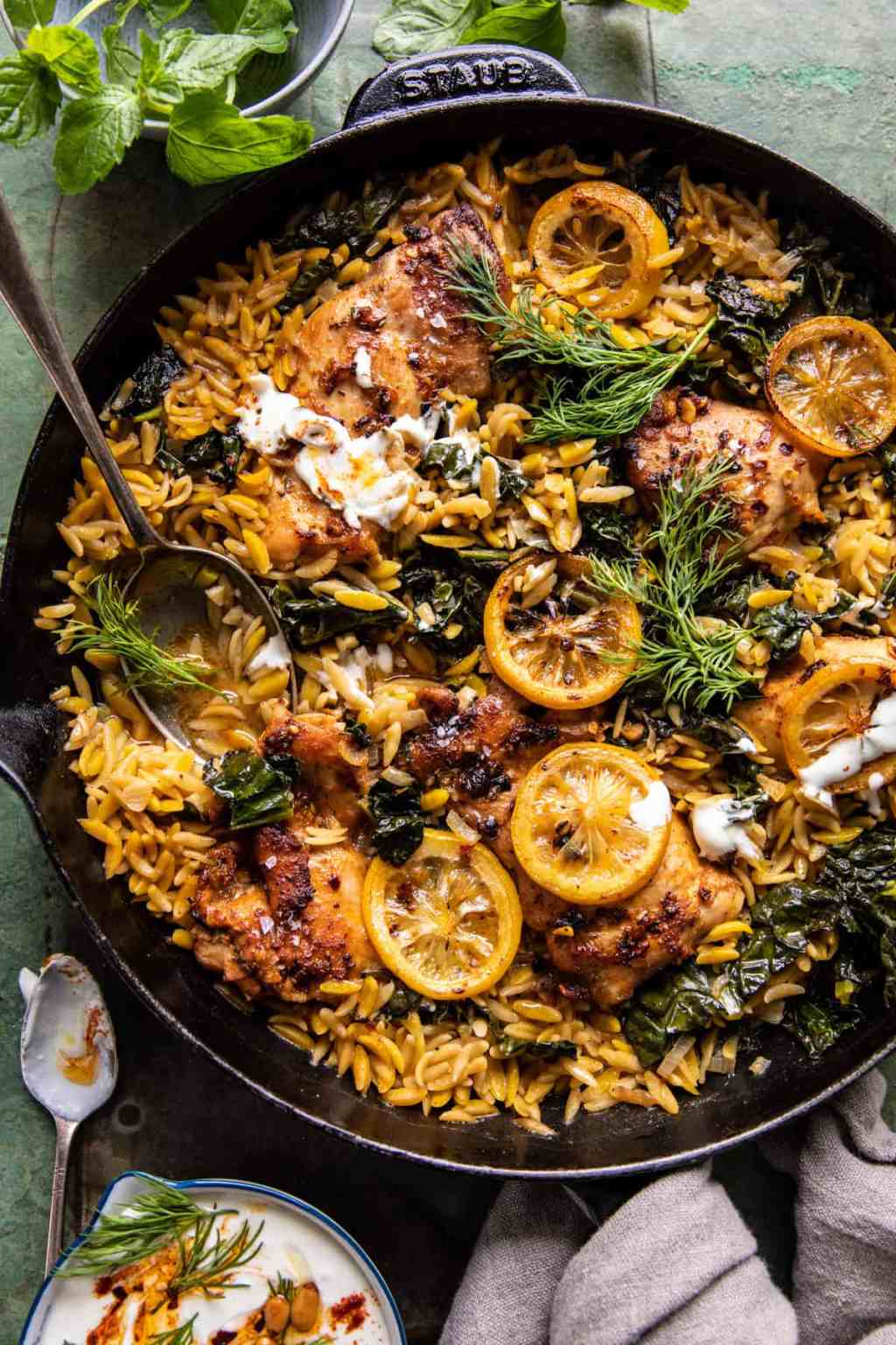 One Skillet Lemon Butter Dijon Chicken and Orzo with Feta&nbsp;Sauce