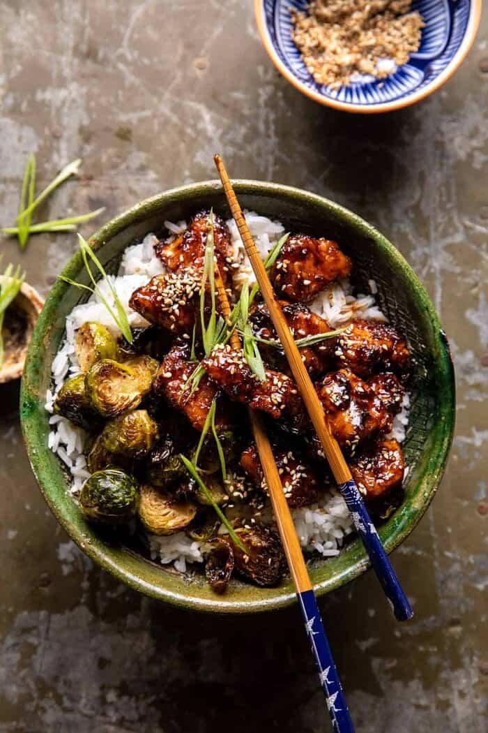 Sheet Pan Sticky Ginger Sesame Chicken and Crispy Brussels&nbsp;Sprouts