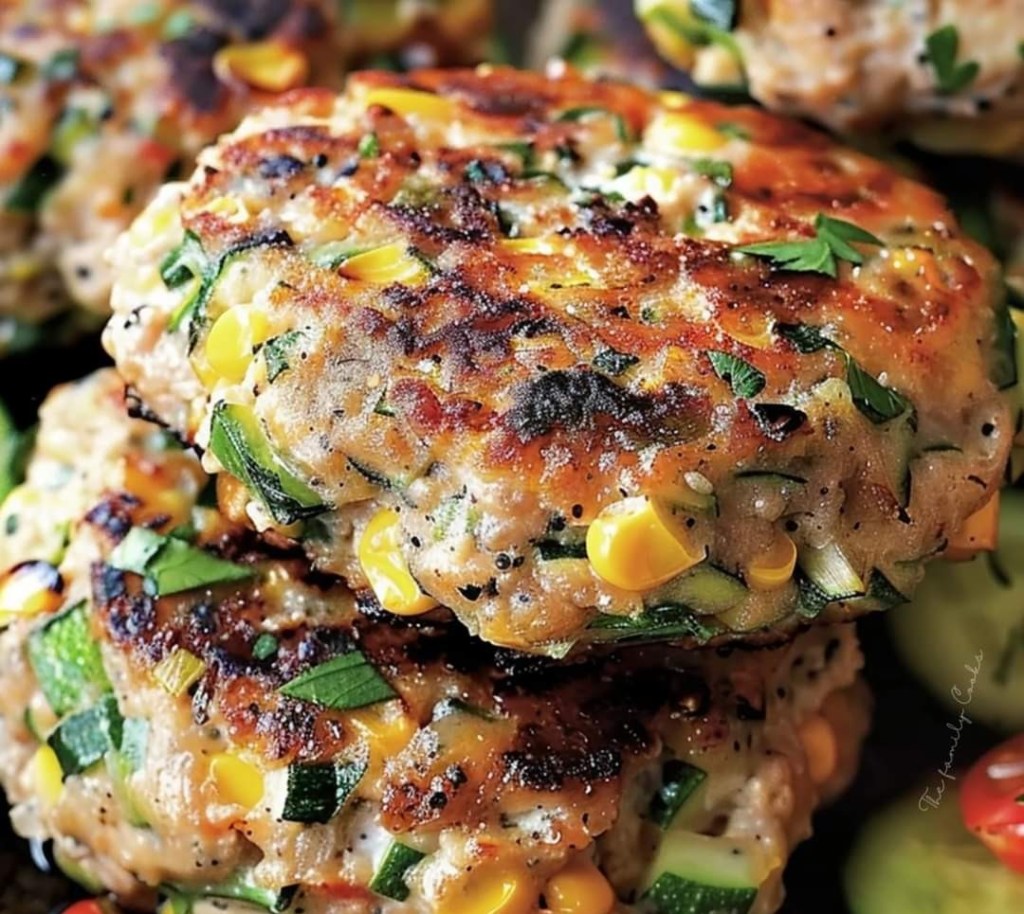 Chicken, Zucchini, and Fresh Corn Burgers with Tomato-Cucumber Relish