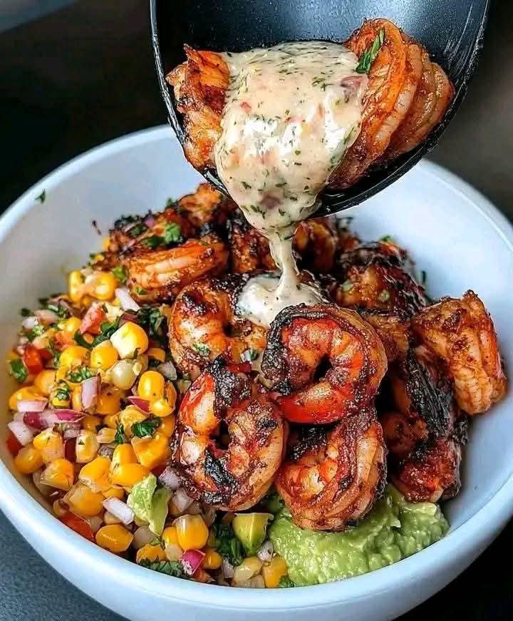 Grilled Shrimp Bowl with Avocado, Corn Salsa & Creamy Sauce