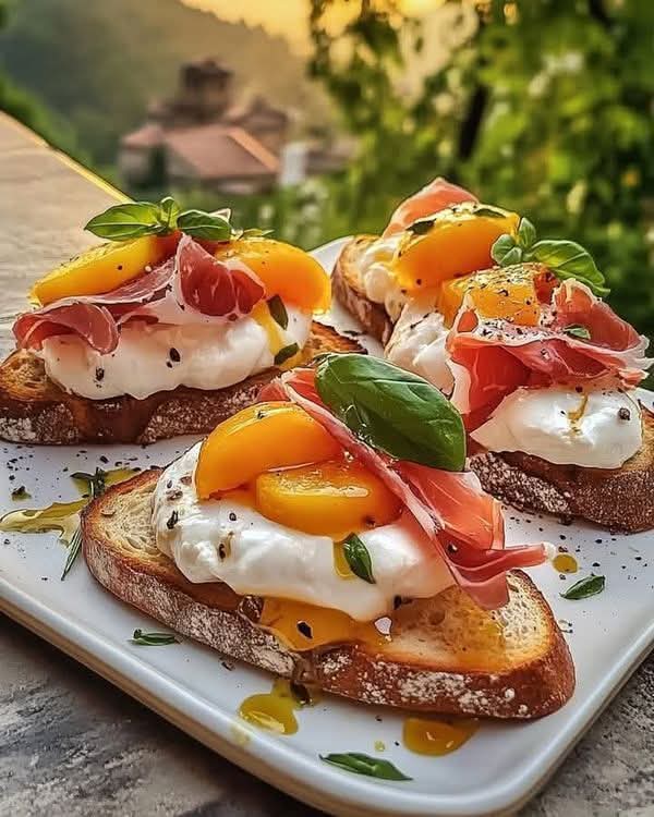 Cheesy Burrata Crostini with Prosciutto &&nbsp;Peaches