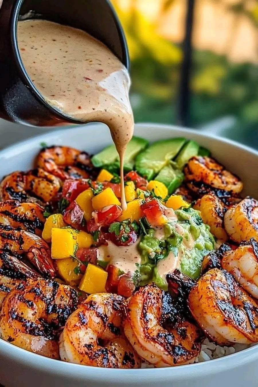 Shrimp and Avocado Bowls with Mango Salsa & Lime-Chili Sauce