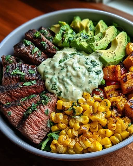Steak, Avocado, and Roasted Corn Bowl with Cilantro Cream Sauce